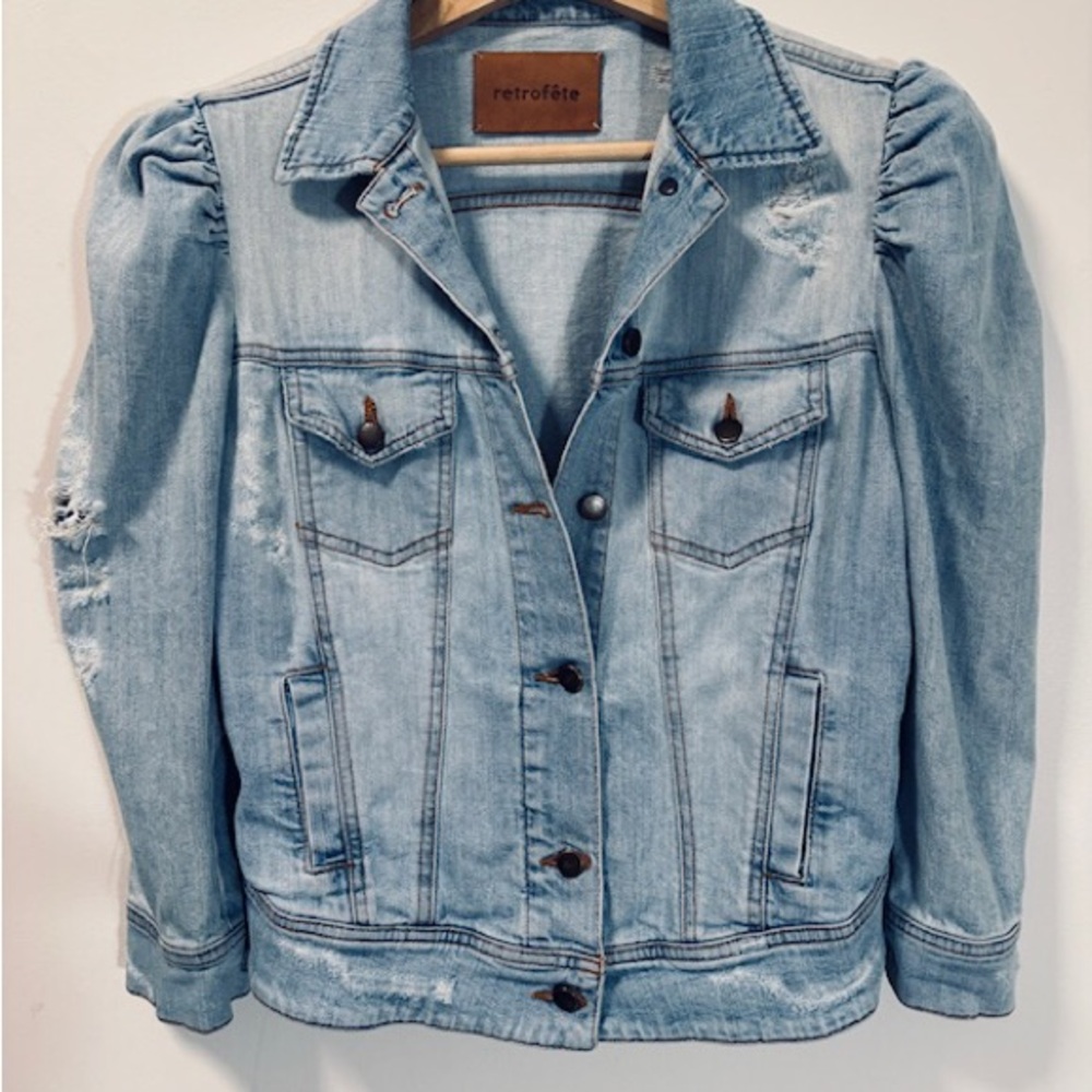 Retrofête Light Blue Distressed Stretch Denim Jacket Puff Sleeves XS Italy